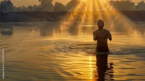 ilustração homem tomando banho no lago com por do sol ao fundo photo