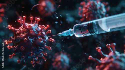 a close-up view of a syringe injecting a substance into a representation of a virus particle photo