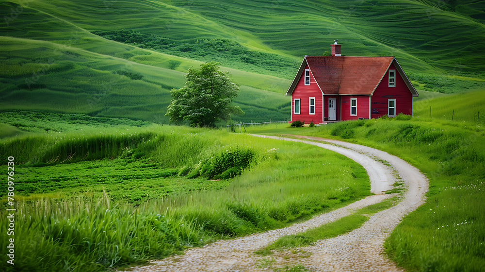 Fototapeta premium a charming scene in the countryside. A red house with a brown roof stands prominently in the center of the frame.