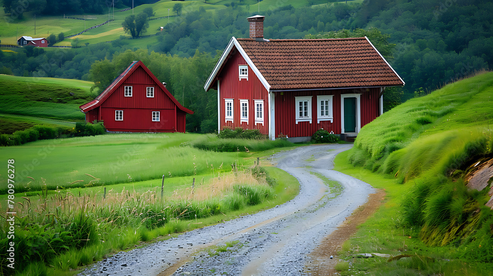 
a charming scene in the countryside. A red house with a brown roof stands prominently in the center of the frame.