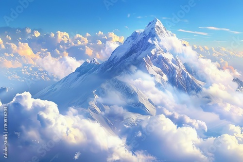 Majestic snow-capped mountain peak rising above a sea of clouds, pristine slopes against a vivid blue sky, digital landscape painting © Lucija