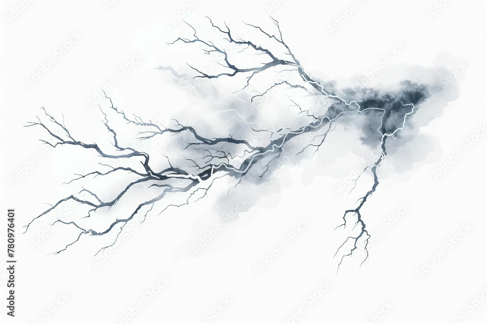 Realistic lightning bolt striking during intense thunderstorm, dramatic weather photography isolated on white background