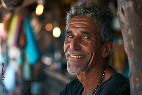 Portrait of an old man standing in the street and smiling.