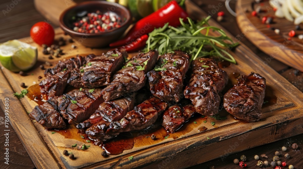 Delicious minced meat slices with chimichurri sauce on top served on a wooden board.AI generated image Delicious minced meat slices with chimichurri sauce on top served on a wooden board.AI generated image