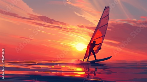 silhouette of a windsurfer standing on a board against a sunset background.AI generated image photo