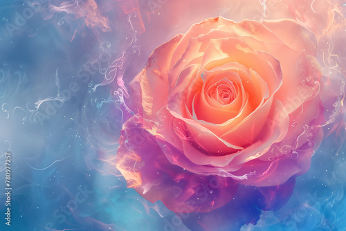 Magical rose full of color, copy space of a beautiful flower with bright and clear colors on a diffuse background of cold tones photo