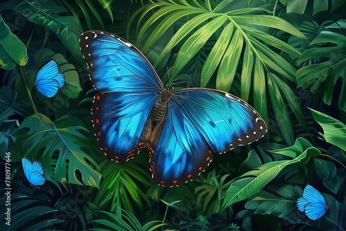 Majestic Blue Morpho butterfly fluttering in lush rainforest, vibrant tropical nature illustration photo
