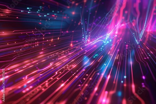 Futuristic abstract tech background with illuminated fiber optic network, global connectivity and quantum computing illustration
