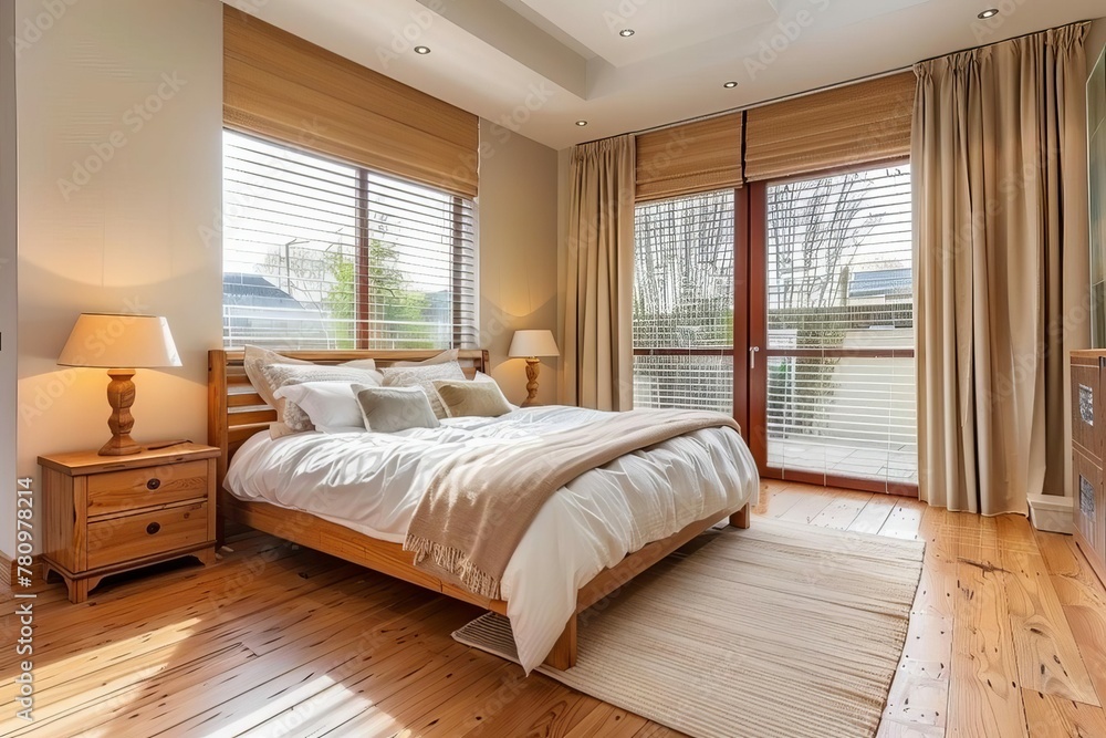 Warm White Bedroom Interior, Contemporary Wooden Furnishings