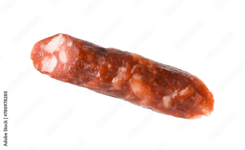 Piece of thin dry smoked sausage isolated on white Piece of thin dry smoked sausage isolated on white