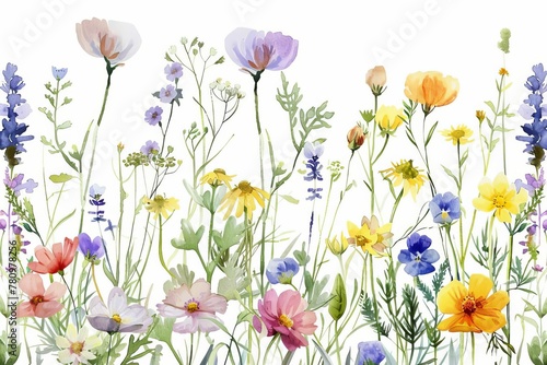 Seamless Watercolor Pattern, Meadow Flowers and Herbs