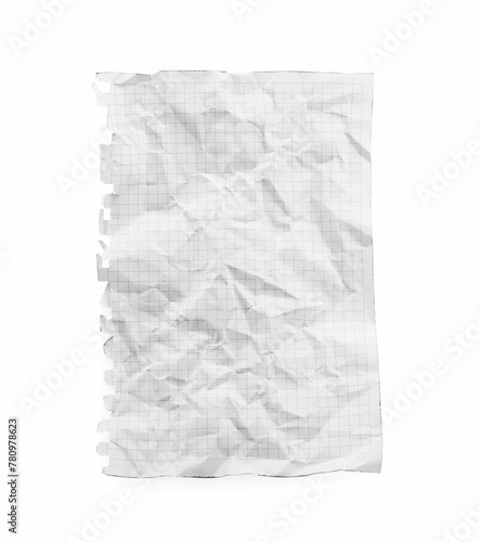 Crumpled checkered notebook sheet isolated on white, top view