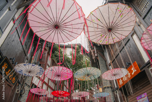 Umbrellas in Ciqikou. Means Porcelain Port Ancient Town, Chongqing, China