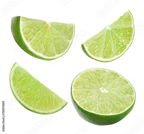 Slices of ripe juicy lime isolated on white, set