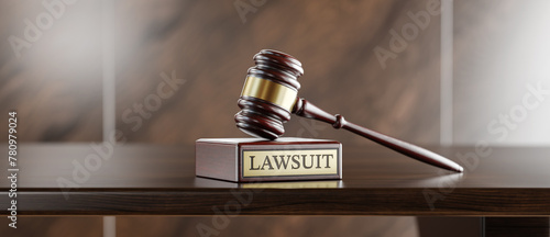 Lawsuit: Judge's Gavel as a symbol of legal system and wooden stand with text word