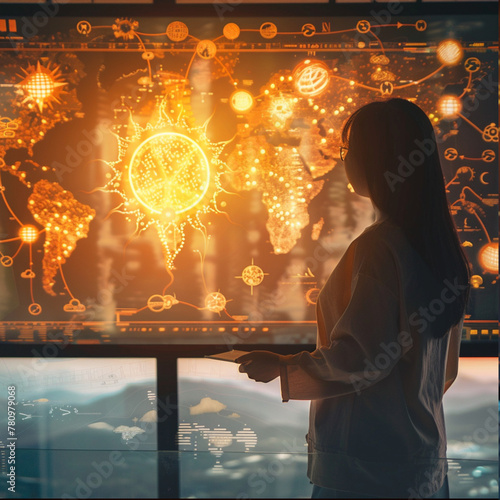 a weather woman in front of screen with map full of sun icons