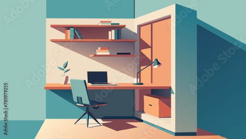 A workspace tucked into a corner with a wallmounted desk and floating shelves showcasing the adaptability of a tiny house to fit the needs of