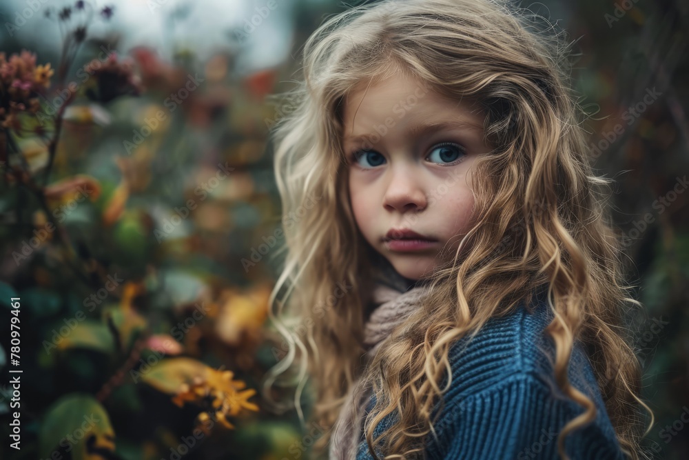 Portrait of a beautiful little girl with curly hair in the autumn park. Portrait of a beautiful little girl with curly hair in the autumn park.