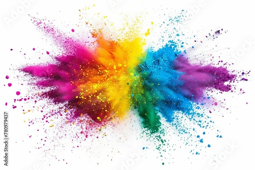 Vibrant rainbow colored Holi powder paint explosion burst isolated on white, celebration background
