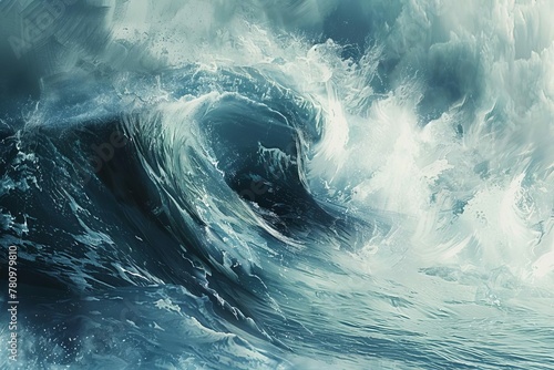 Powerful ocean wave crashing in the water on a stormy, windy day, fluid motion abstract illustration