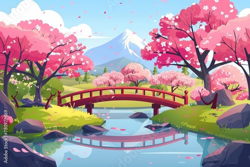 Tranquil city park in spring with bridge, pond, pink cherry blossom trees and mountain view, cartoon vecto