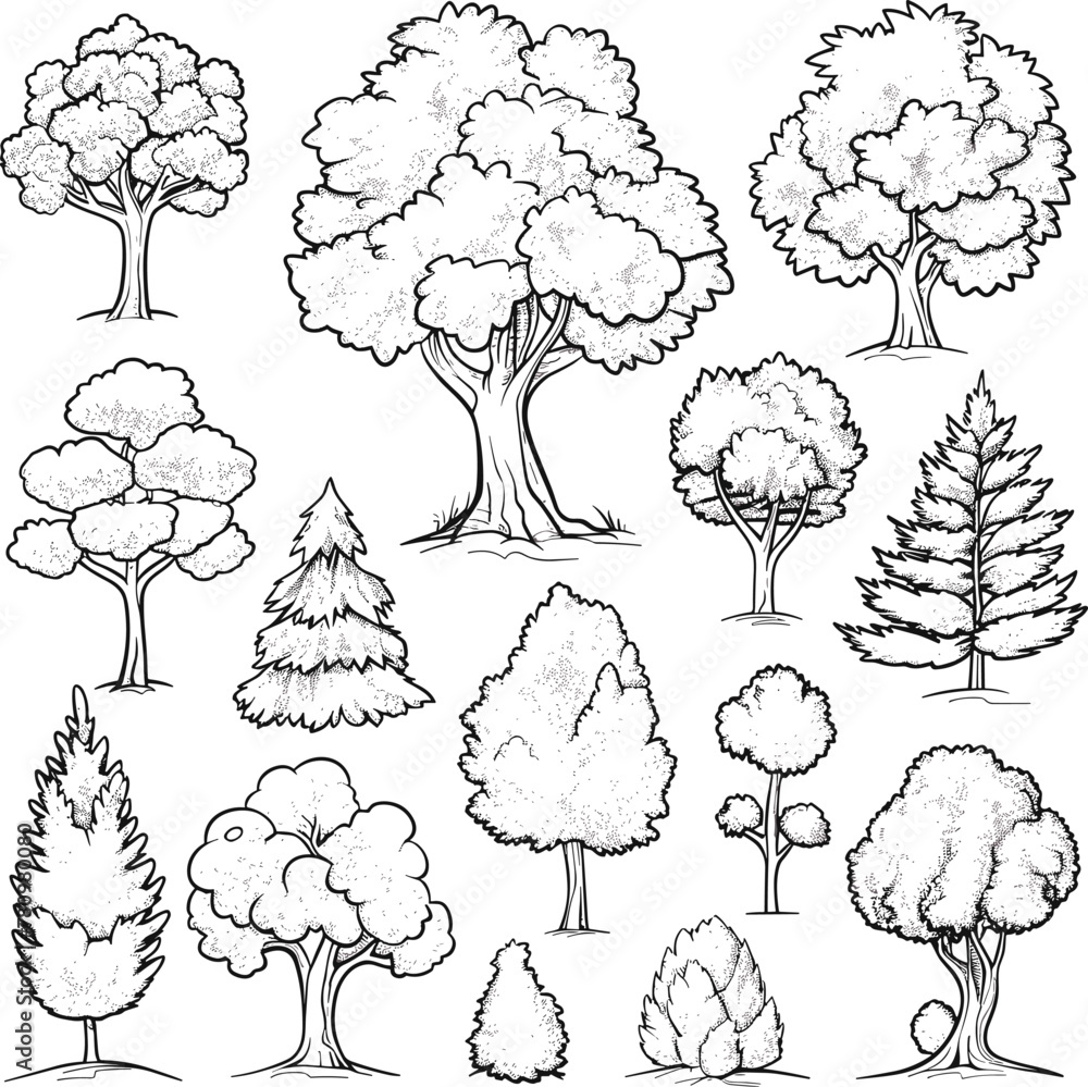 Naklejka premium Trees And Bushes In Different Shapes , Coloring Pages Vector