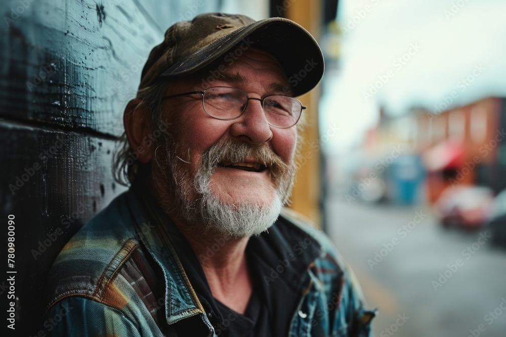 Portrait of an old man in a cap and glasses in the city Portrait of an old man in a cap and glasses in the city