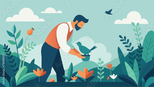 The sound of chirping birds filled the air as the man tended to his thriving garden with each gentle touch and precise movement reflecting his