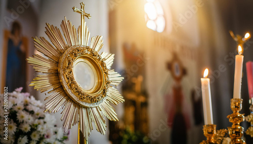 OSTENSÓRIO COM A HÓSTIA CONSAGRADA EM ADORAÇÃO AO SANTÍSSIMO photo