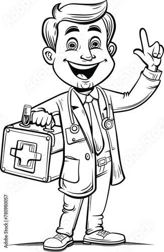 Smiling Doctor Holding First Aid Kit , Coloring Pages Vector