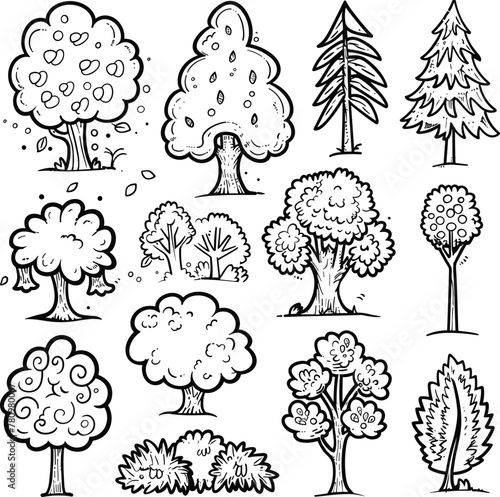 Trees And Bushes In Different Shapes , Coloring Pages Vector