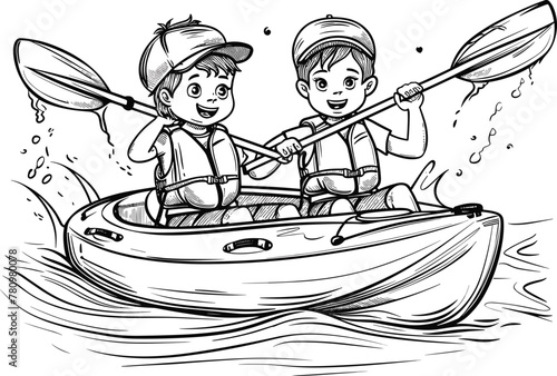 Two Happy Cartoon Children Kayaking , Coloring Pages Vector