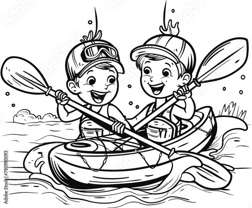 Two Happy Cartoon Children Kayaking , Coloring Pages Vector
