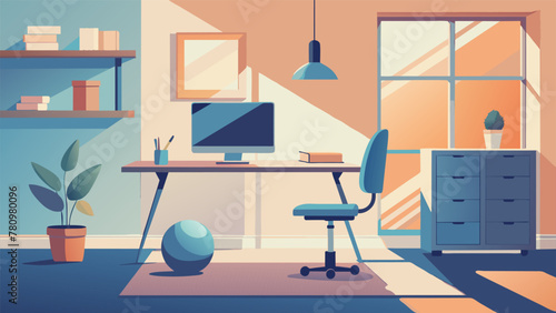 A simple yet functional home office showcases a standing desk promoting more movement throughout the day. A balance ball chair and foam roller