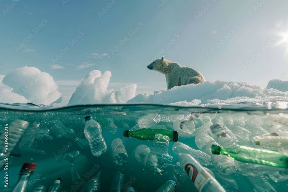 A polar bear sits on top of a pile of plastic bottles in the ocean. Ecology problems and plastic pollution concept