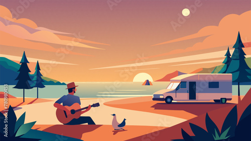 A secluded beach serves as the stage for a musicians intimate performance with the crashing waves providing a rhythmic beat to their guitar