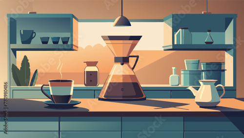 A humble kitchen countertop transforms into a coffee lovers paradise adorned with a Chemex and all the necessary accoutrements for a divine cup