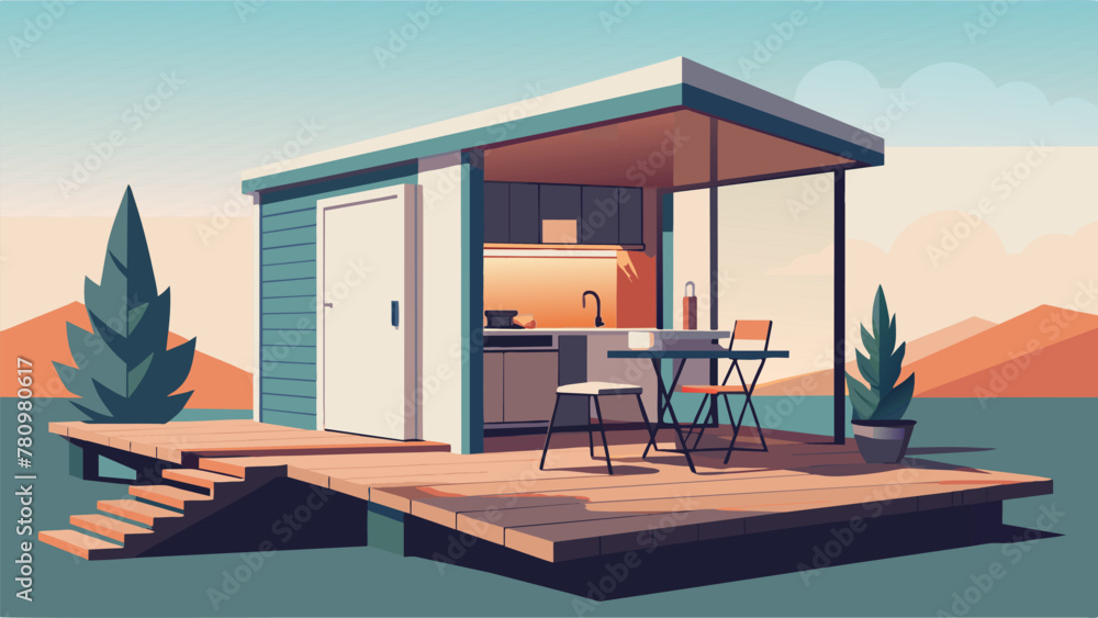 Fototapeta premium A small outdoor deck with a builtin grill and seating area showcasing the potential for outdoor living and entertaining in a tiny house. The