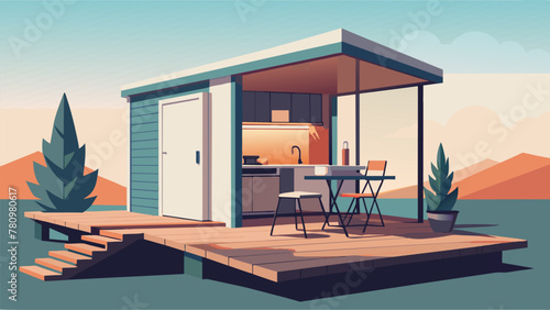 A small outdoor deck with a builtin grill and seating area showcasing the potential for outdoor living and entertaining in a tiny house. The