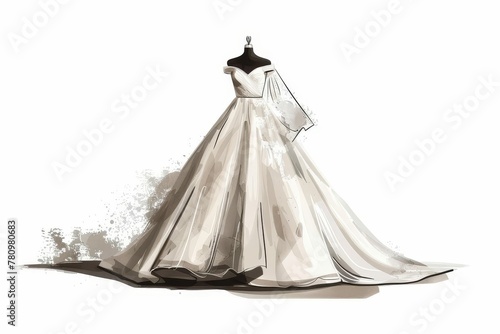 Minimalist Luxury Wedding Dress on Clean White Background, Fashion Illustration
