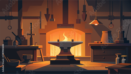A blacksmiths workshop filled with the sounds of clanging metal and the smell of burning coals. In the center of the room a sy anvil holds