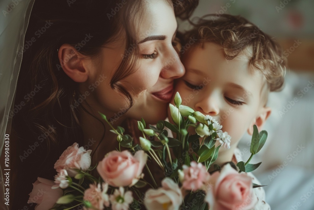 A woman is holding a bouquet of flowers and kissing a child. Happy Mother's Day concept A woman is holding a bouquet of flowers and kissing a child. Happy Mother's Day concept