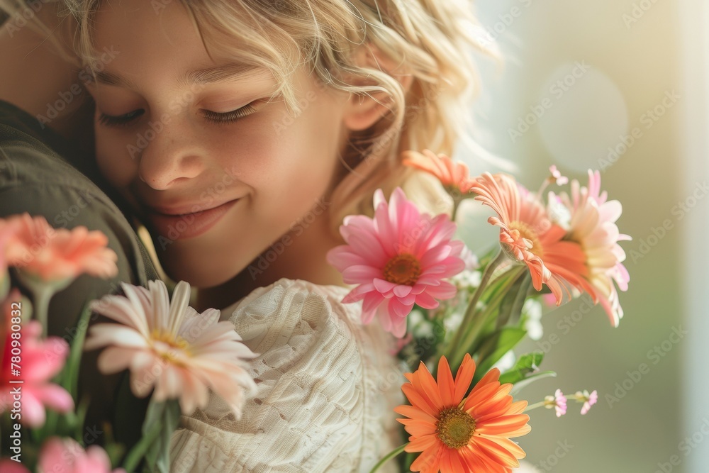 A young girl is hugging a man while holding a bouquet of flowers. Happy Mother's Day concept A young girl is hugging a man while holding a bouquet of flowers. Happy Mother's Day concept