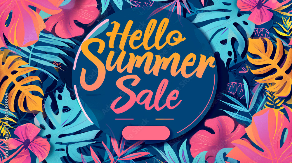 Engaging Hello Summer Sale Display with Circular Text Arrangement on a Tropical Patterned Backdrop. With copy space for %