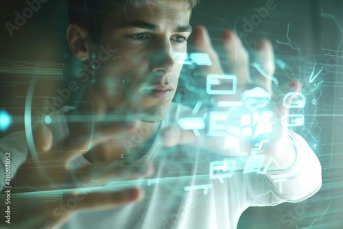 Man Using Futuristic Transparent Touch Screen Interface, Concept Illustration