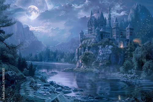 Enchanting Fairy Tale Castle on Cliff by River Under Full Moon  Fantasy Landscape Painting