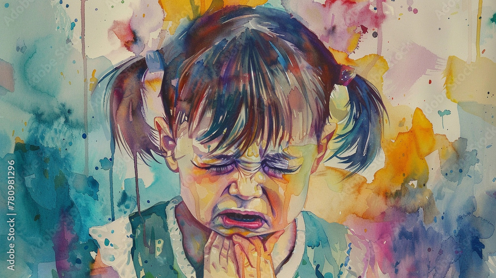 Watercolor Painting Close-up of a Young Crying Caucasian Girl With Pigtails