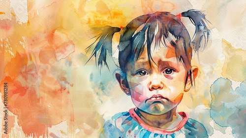 Watercolor Painting Close-up of a Young Crying Latino Girl With Pigtails