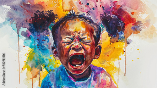 Watercolor Painting Close-up of a Young Crying African American Girl With Pigtails
