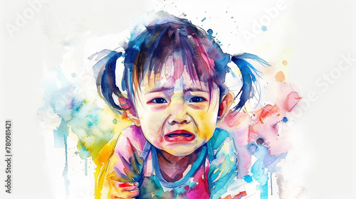 Watercolor Painting Close-up of a Young Crying Asian Girl With Pigtails